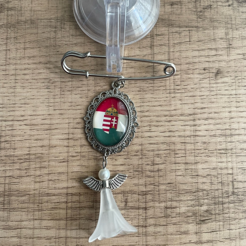 Silver Angel Brooch with Hungary Flag Design